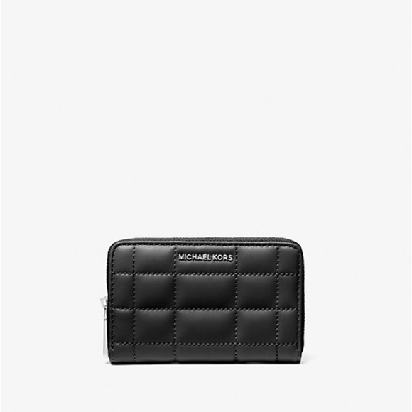 New! Michael Kors Small Quilted Leather Wallet BLACK SILVER - Picture 1 of 3